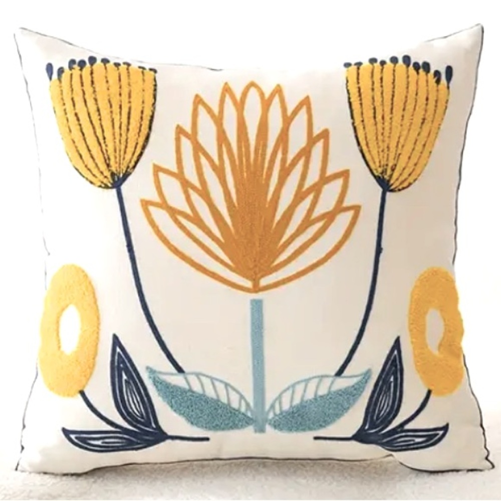 NEW Embroidered Floral Pillow Slip Cover Beige Textured Fabric (2 Avail)